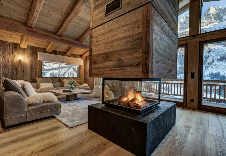 Chalet Azurite, Chamonix (self catered chalet) - Living area with fireplace (©Adam Johnston)